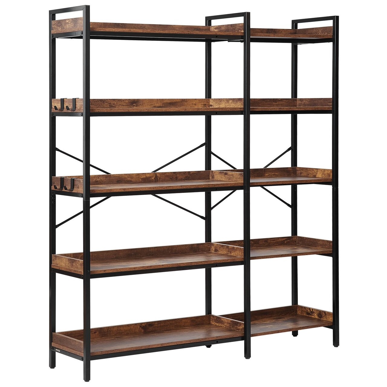 Corner Display Shelf with 5 Wooden Tiers and 4 Hooks for Home and Office